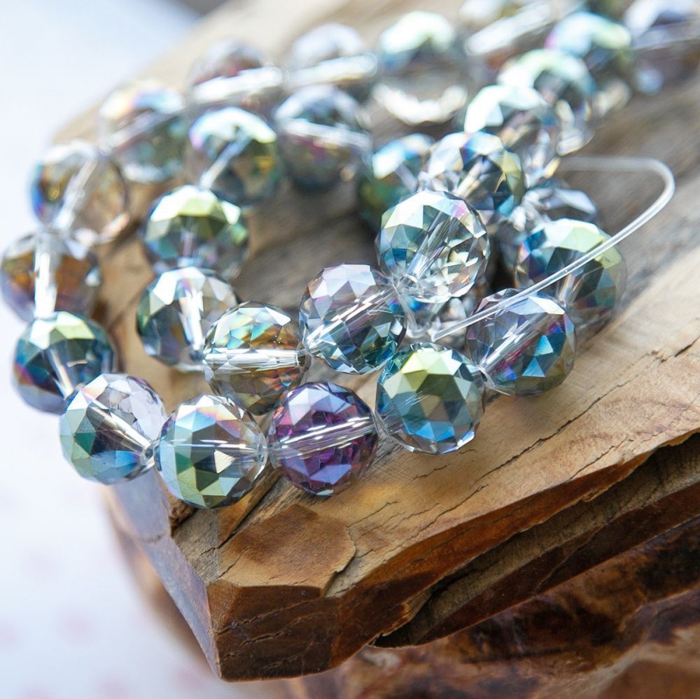 бусина, стекло 14, граненая, цвет прозрачный бензиновый, 14 мм