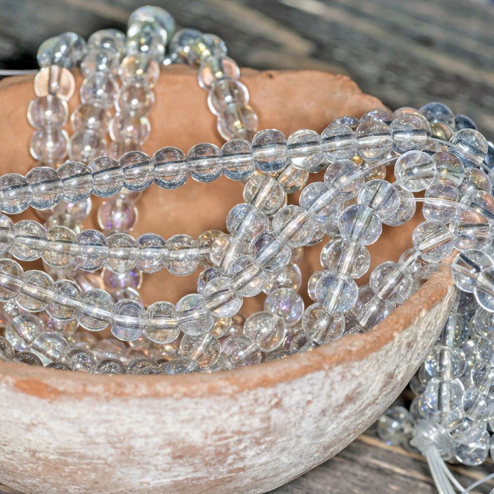 бусина, стекло 6, цвет прозрачный радужный, 6 мм