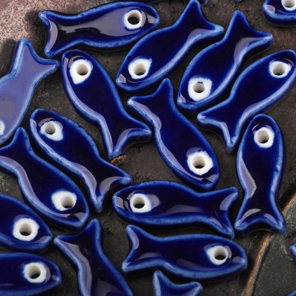 бусина, керамика "рыба", цвет темно-синий, 24-25x10x6 мм