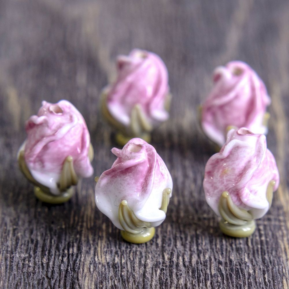 бусина, мурано "розовый бутон", бело-розовый, 15-16х10-11 мм