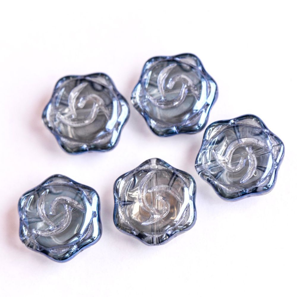 бусина "роза", стекло, цвет голубой радужный, 15.5x14.5x6 мм