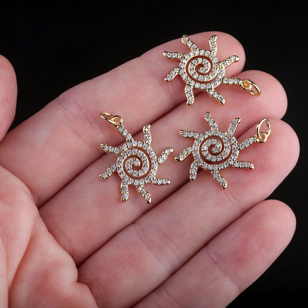 подвеска металл "солнце", позолота/циркон, 22x18x2 мм