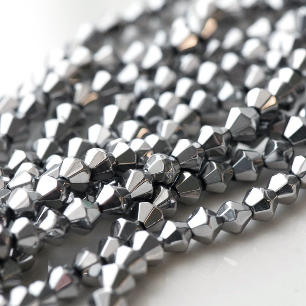 бусина, стекло биконус 6, цвет серебристый, 6 мм