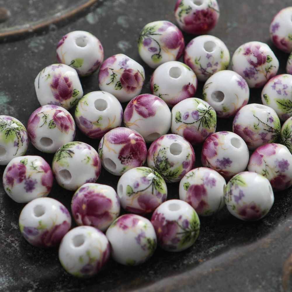 бусина, керамика "букет", цвет белый/малиновый, 10 мм