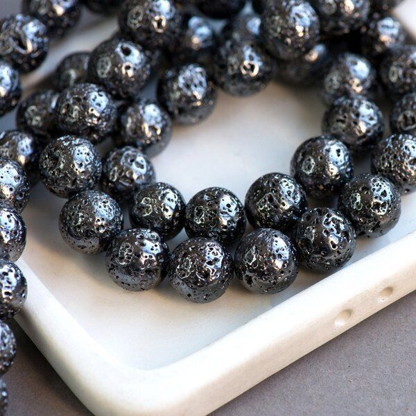 бусина лава натуральная 12, цвет черный металлик, 12 мм