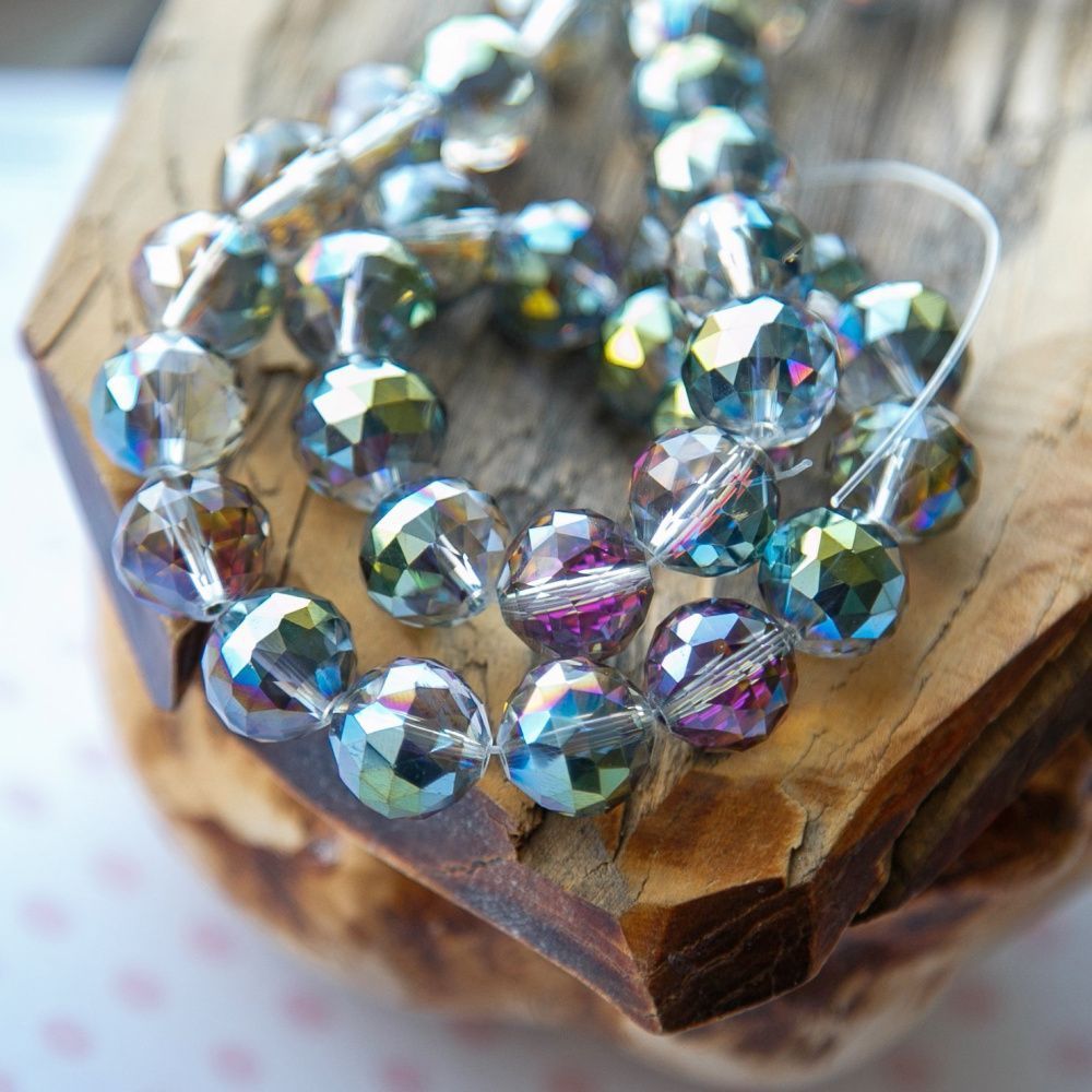 бусина, стекло 14, граненая, цвет прозрачный бензиновый, 14 мм