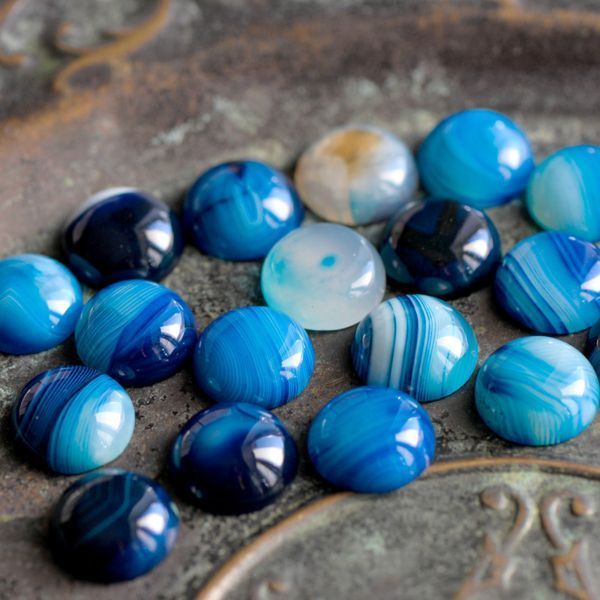 кабошон агат круглый, цвет голубой яркий, 16x6 мм