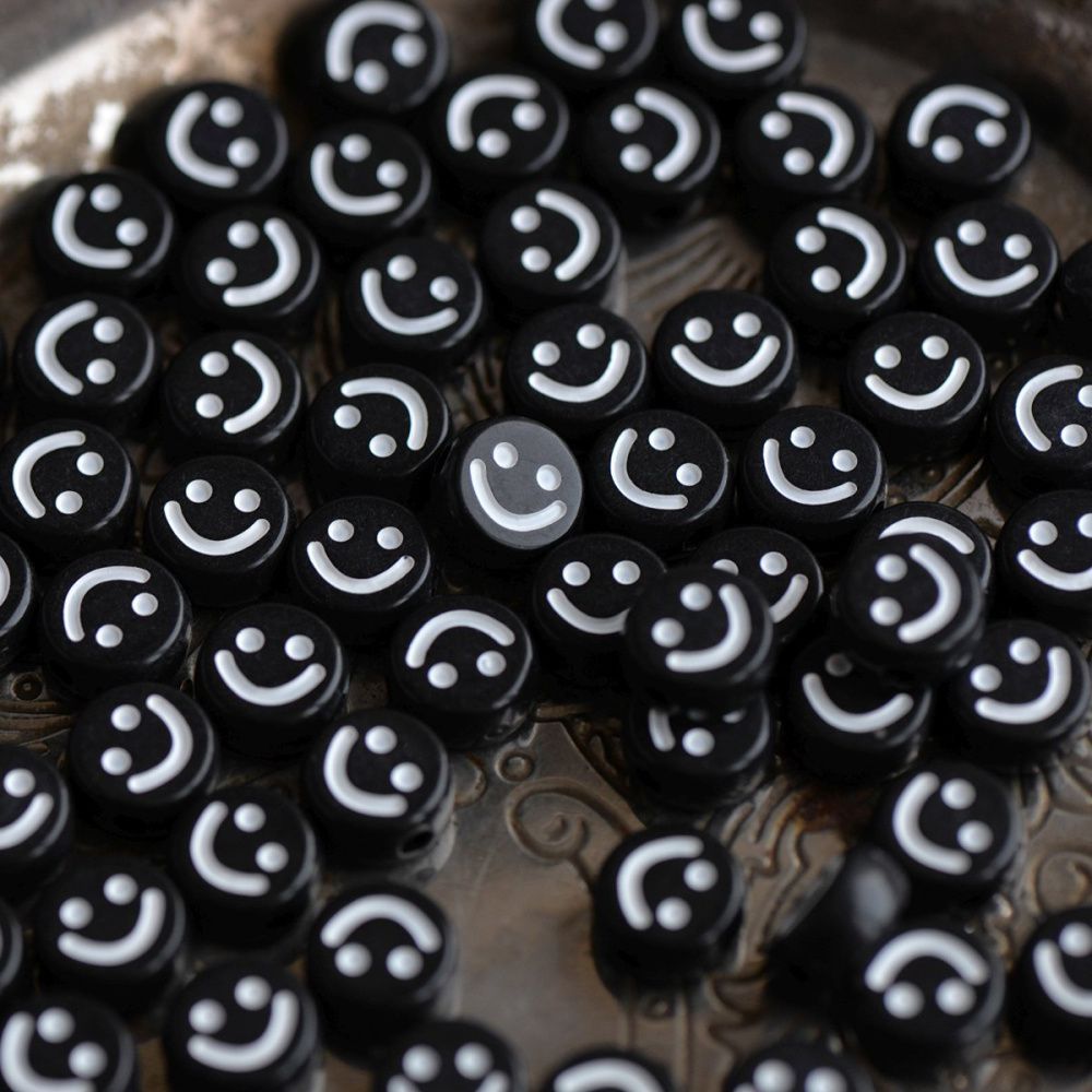 бусина, акрил "смайлик", плоская, черный/белый, 10x4.5 мм