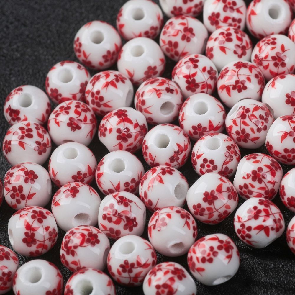 бусина, керамика "сакура", цвет бело-красный, 8 мм