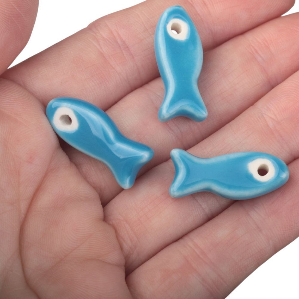 бусина, керамика "рыба", цвет голубой, 24-25x10x6 мм