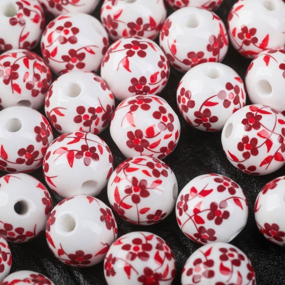 бусина, керамика "сакура", цвет бело-красный, 12 мм