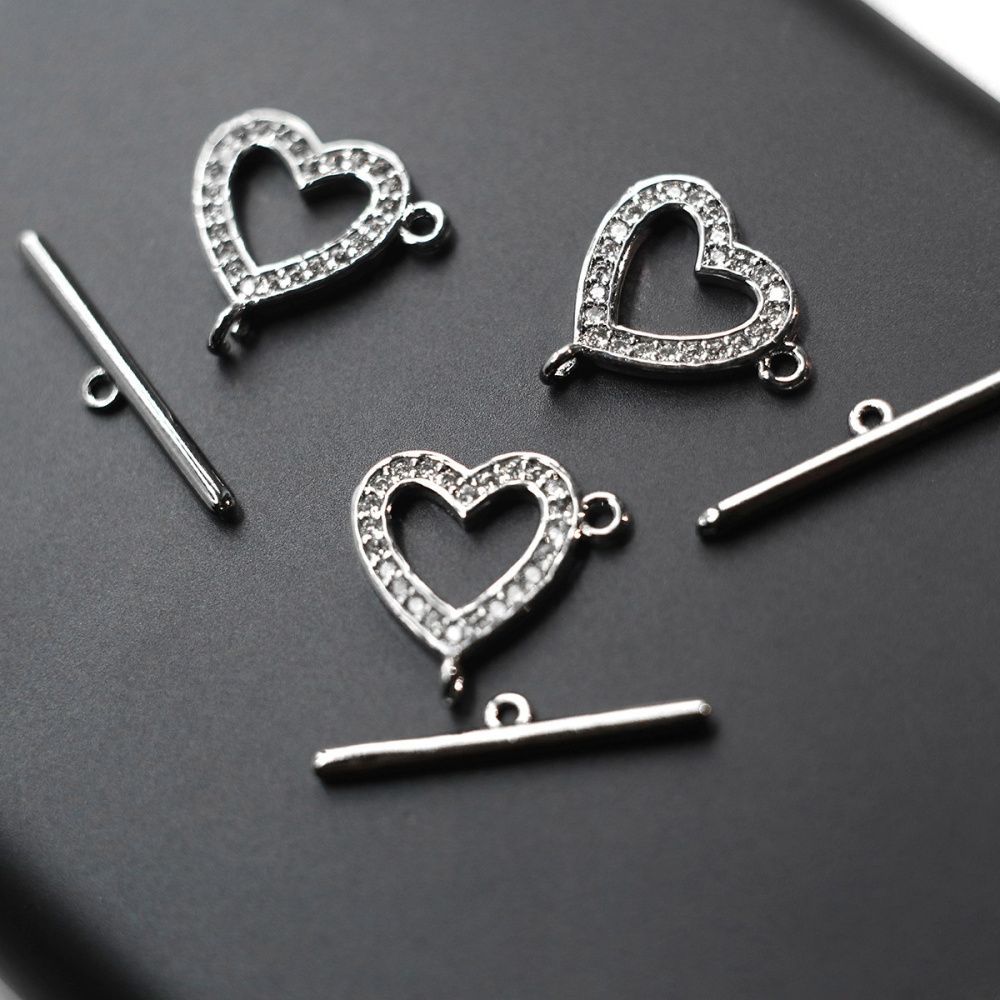 Замочки тоггл "алмазное сердце", цирконий, цвет платина, 14х14х1.5 мм