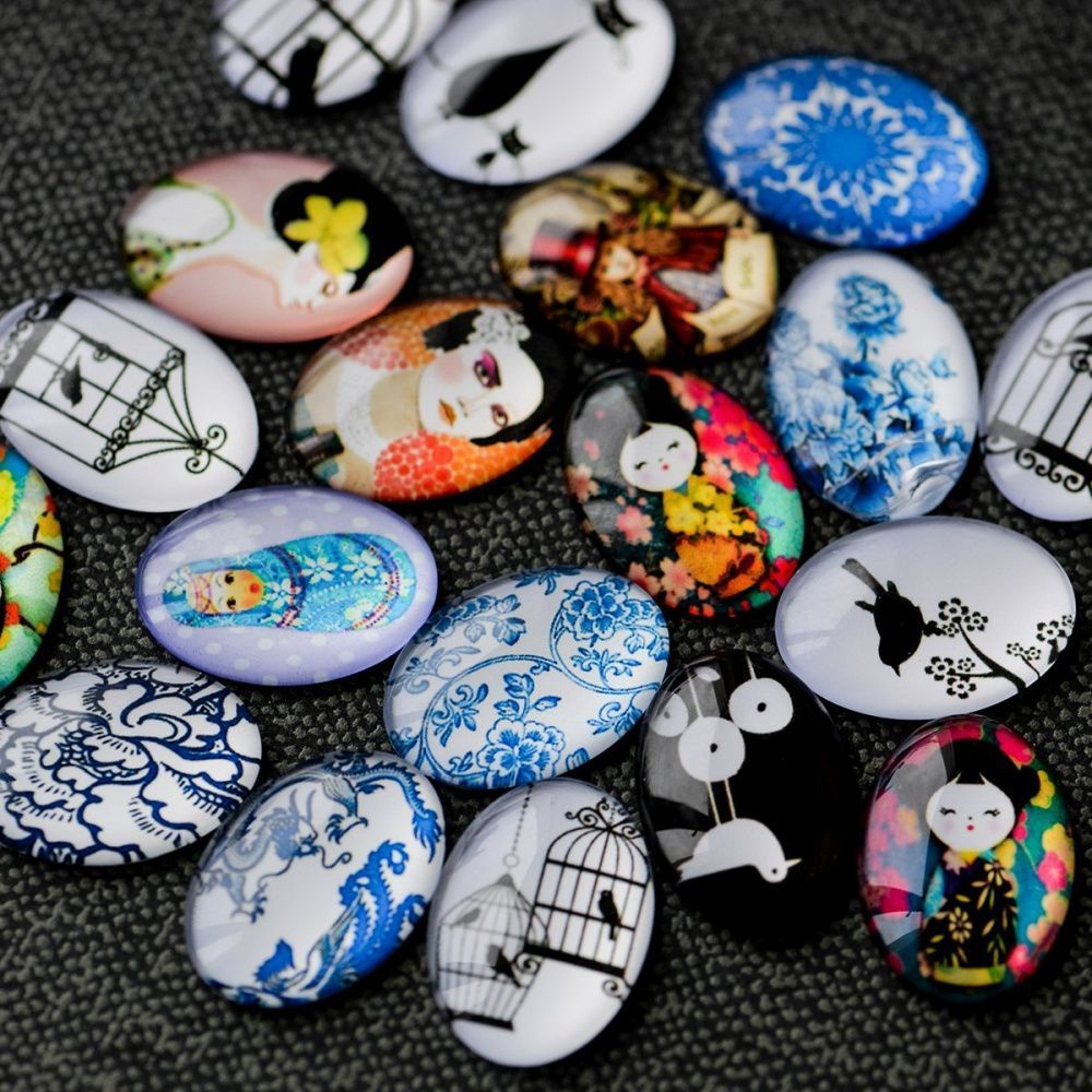 кабошон "микс-принт", стекло, мультиколор, 25х18х6 мм