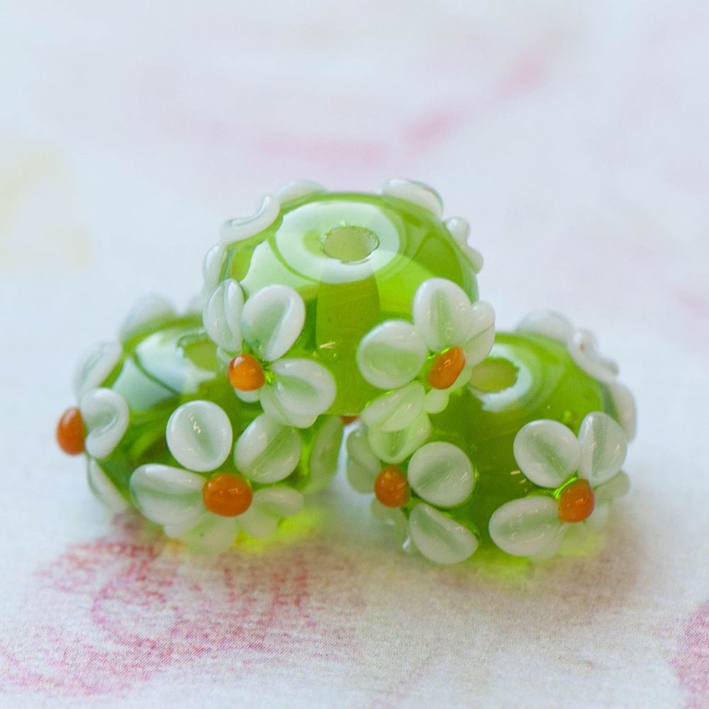 бусина, мурано "ромашка на зеленом", абакус,16х8 мм