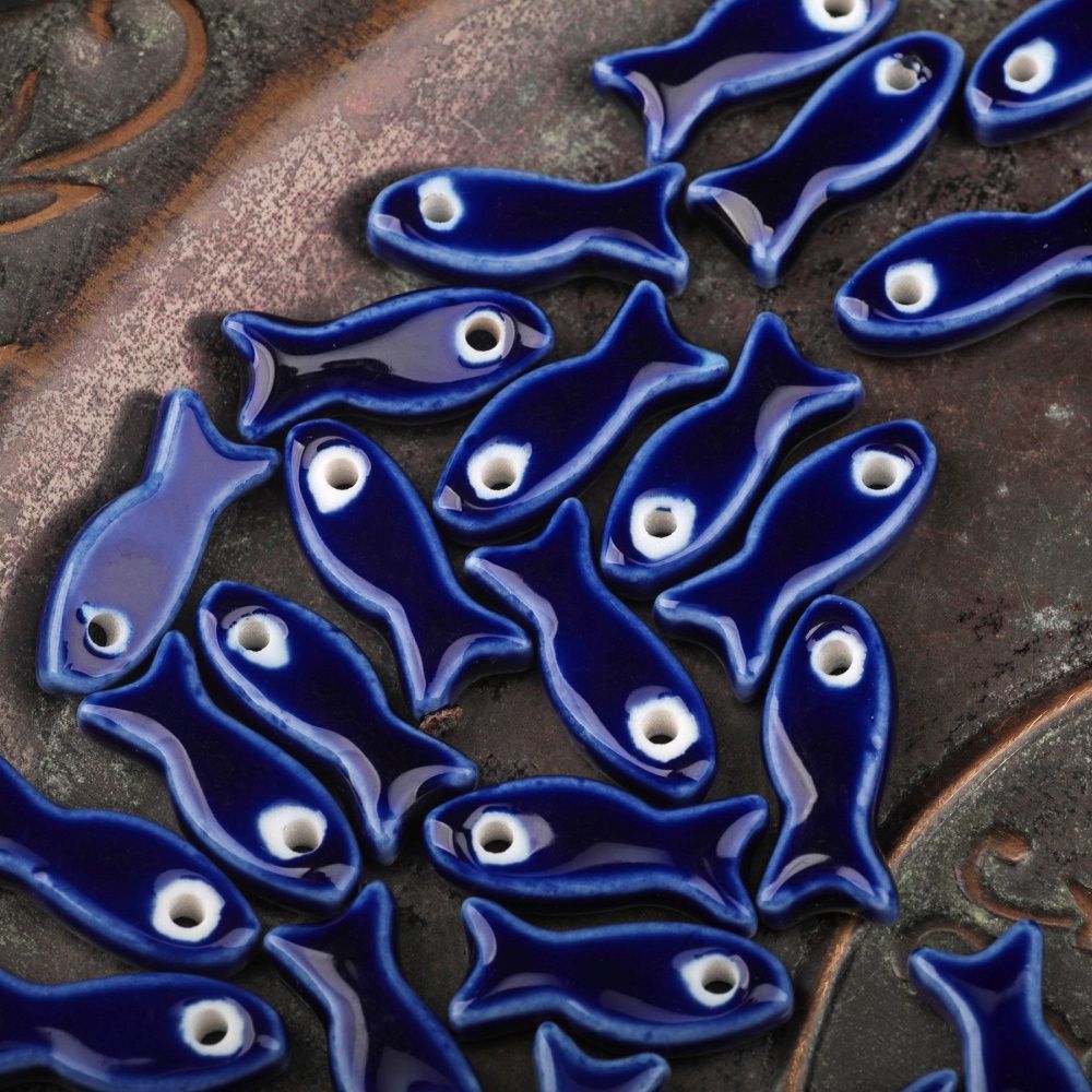 бусина, керамика "рыба", цвет темно-синий, 24-25x10x6 мм