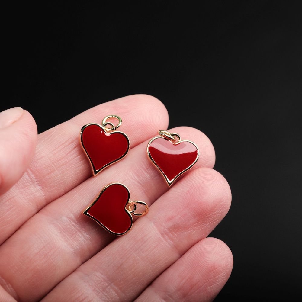 подвеска металл "сердечко", позолота/красный, 14x13x2.8 мм