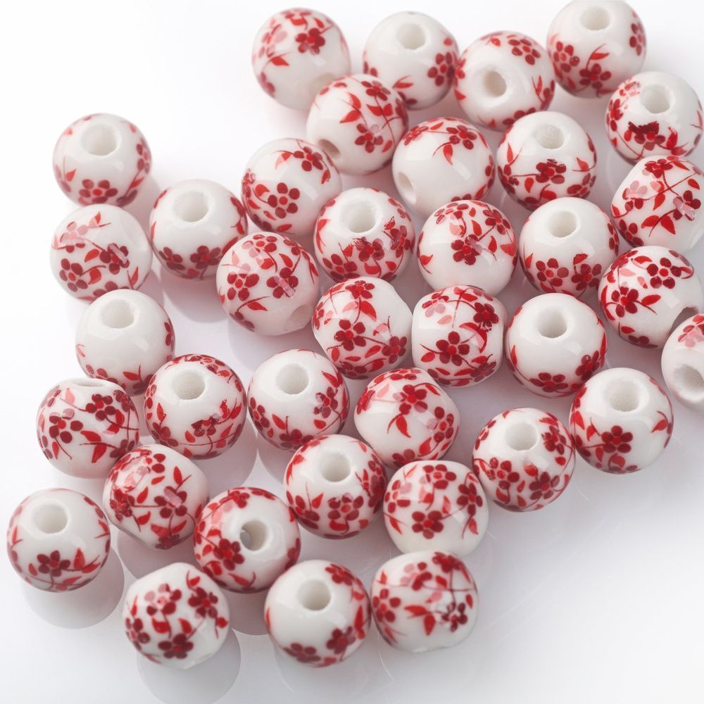 бусина, керамика "сакура", цвет бело-красный, 8 мм
