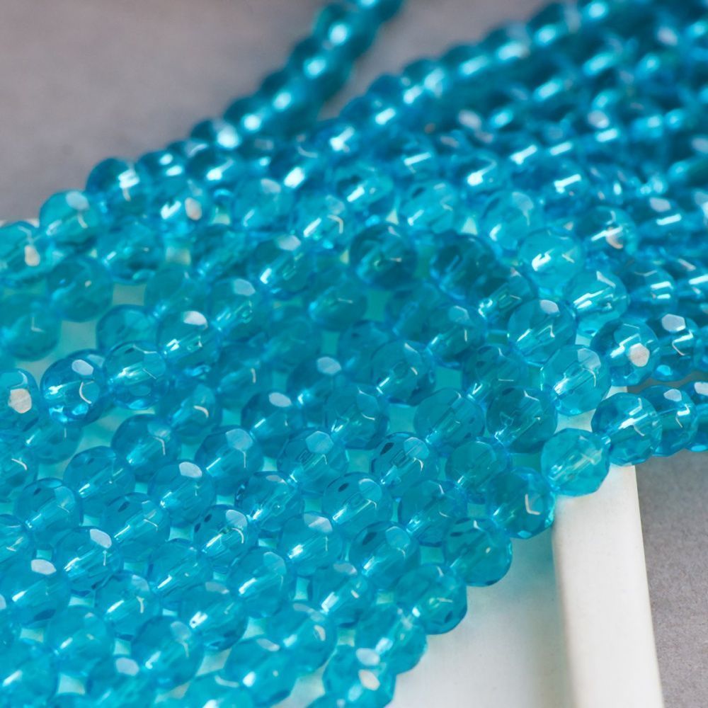 бусина, стекло 6, граненая, цвет яркий голубой, 6 мм