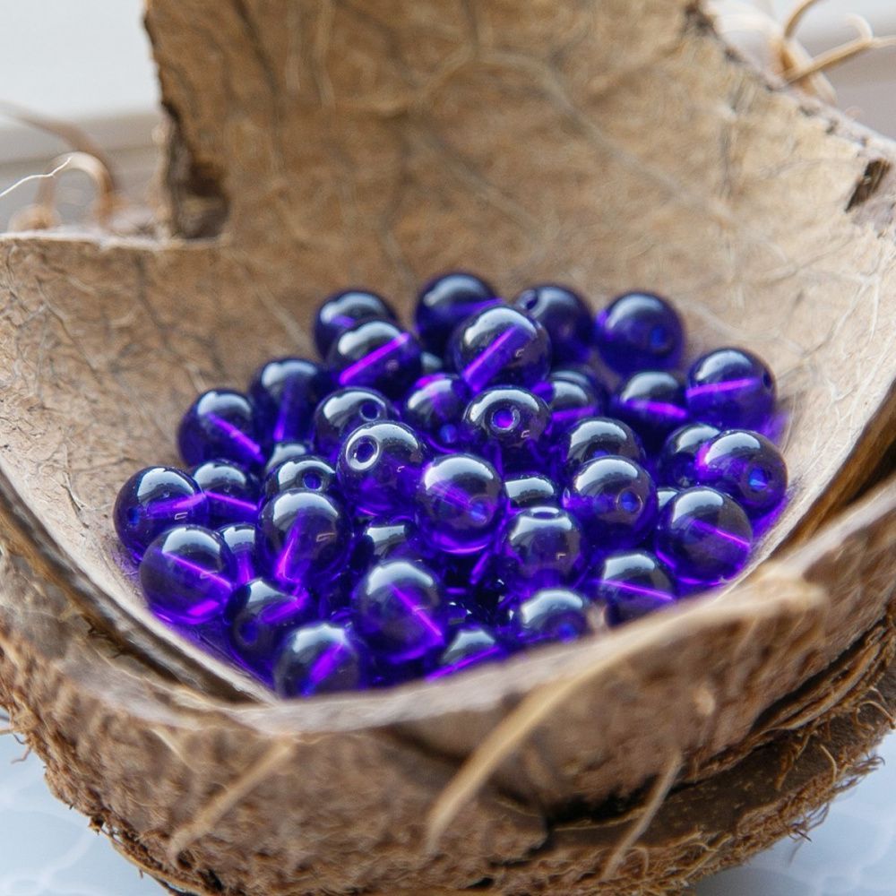 бусина, стекло 8, цвет индиго, 8 мм