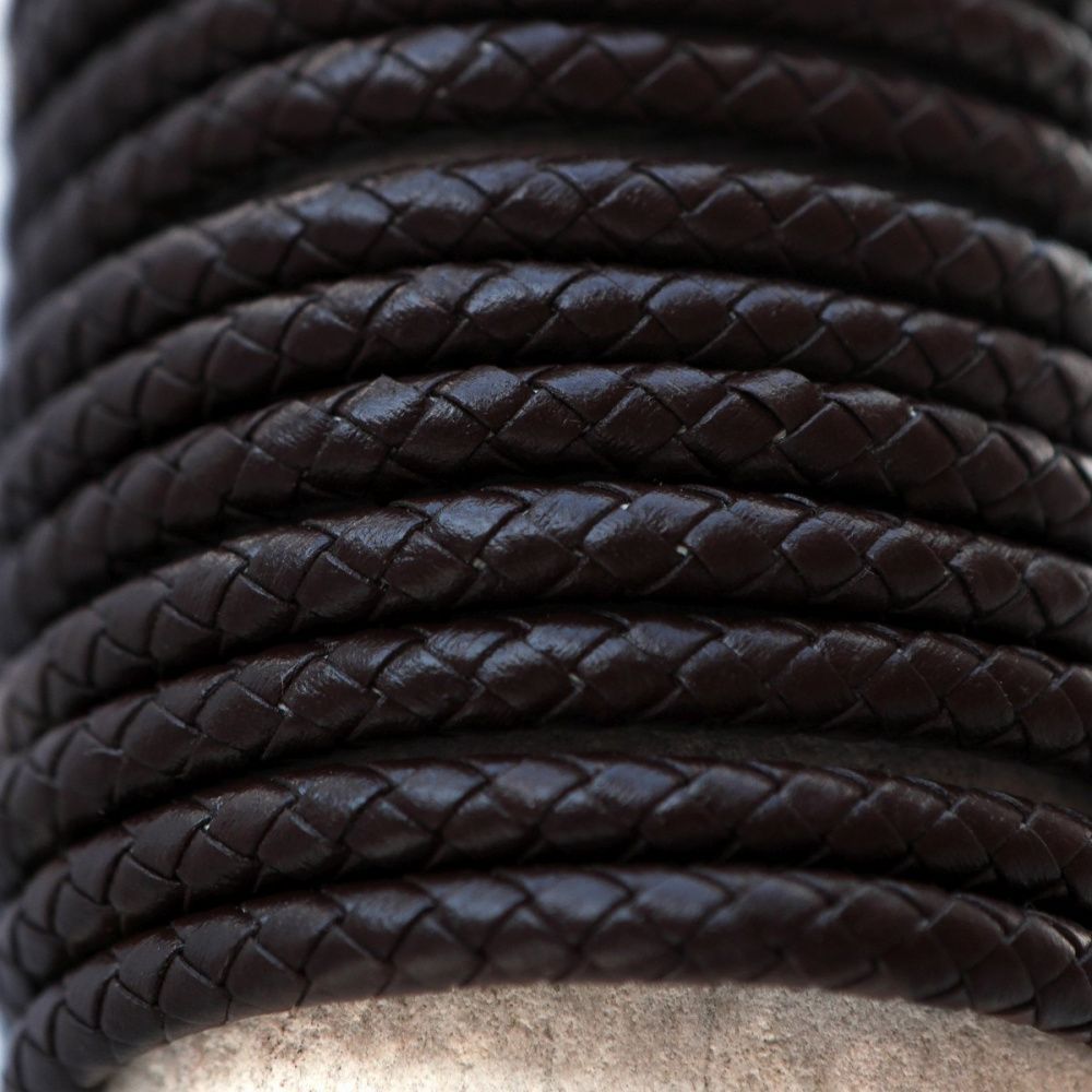 шнур кожаный круглый, плетеный, цвет кофе, диаметр 6 мм
