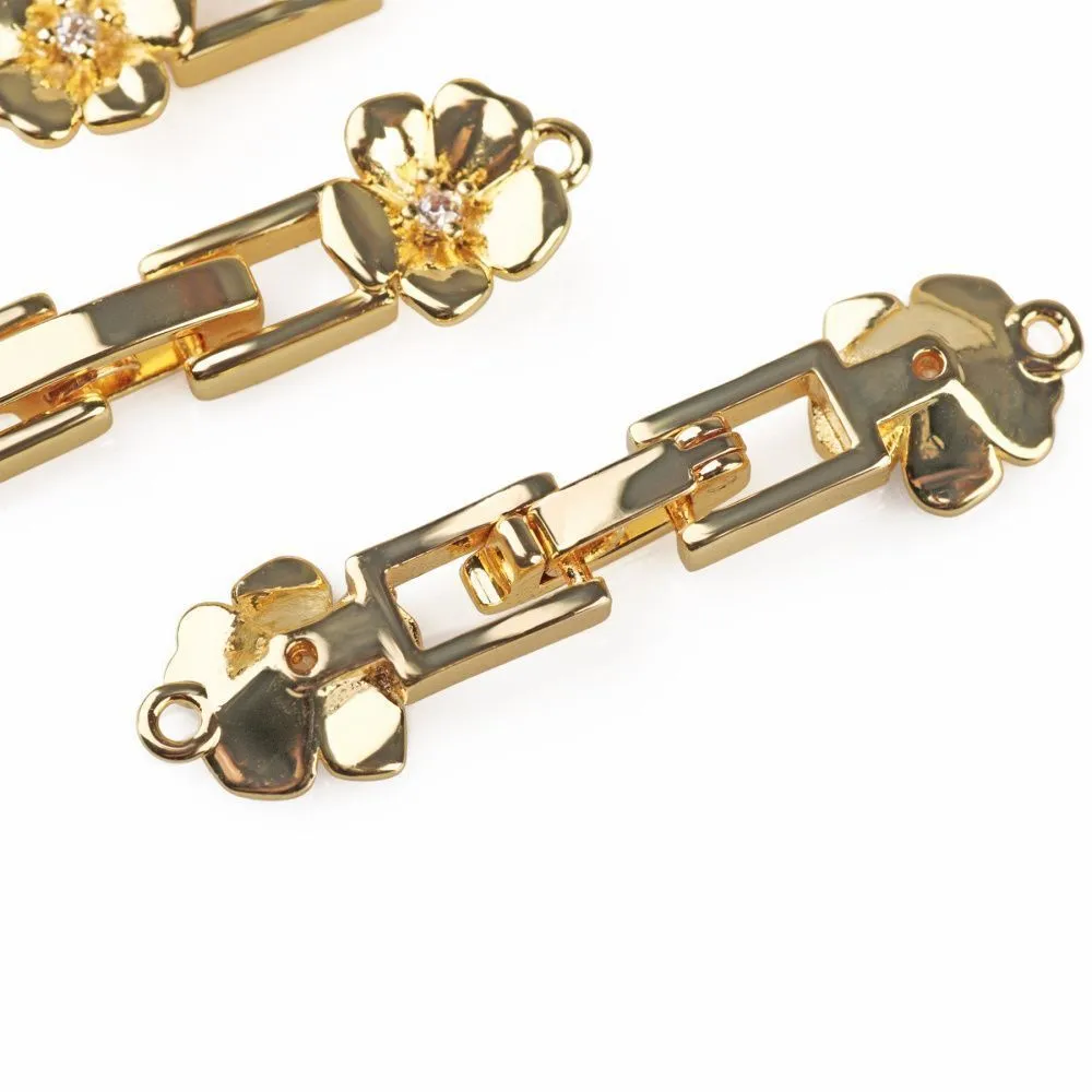 замок для украшений "плюмерия", позолота/циркон, 32.5x8x3 мм