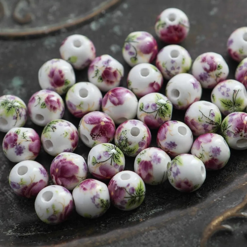 бусина, керамика "букет", цвет белый/малиновый, 10 мм