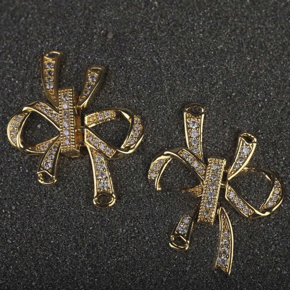 замок для украшений "бант", позолота/циркон, 27x25x5 мм