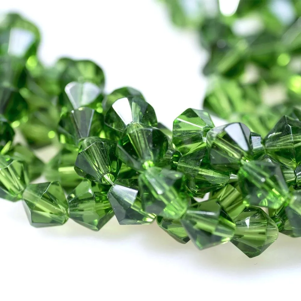 бусина, стекло биконус 8, цвет зеленый, 8 мм