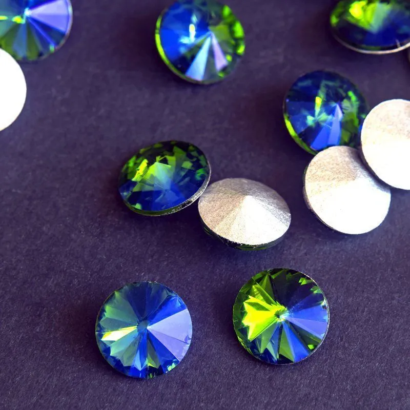 кабошон стекло риволи, цвет сине-зеленый ав, 12 мм