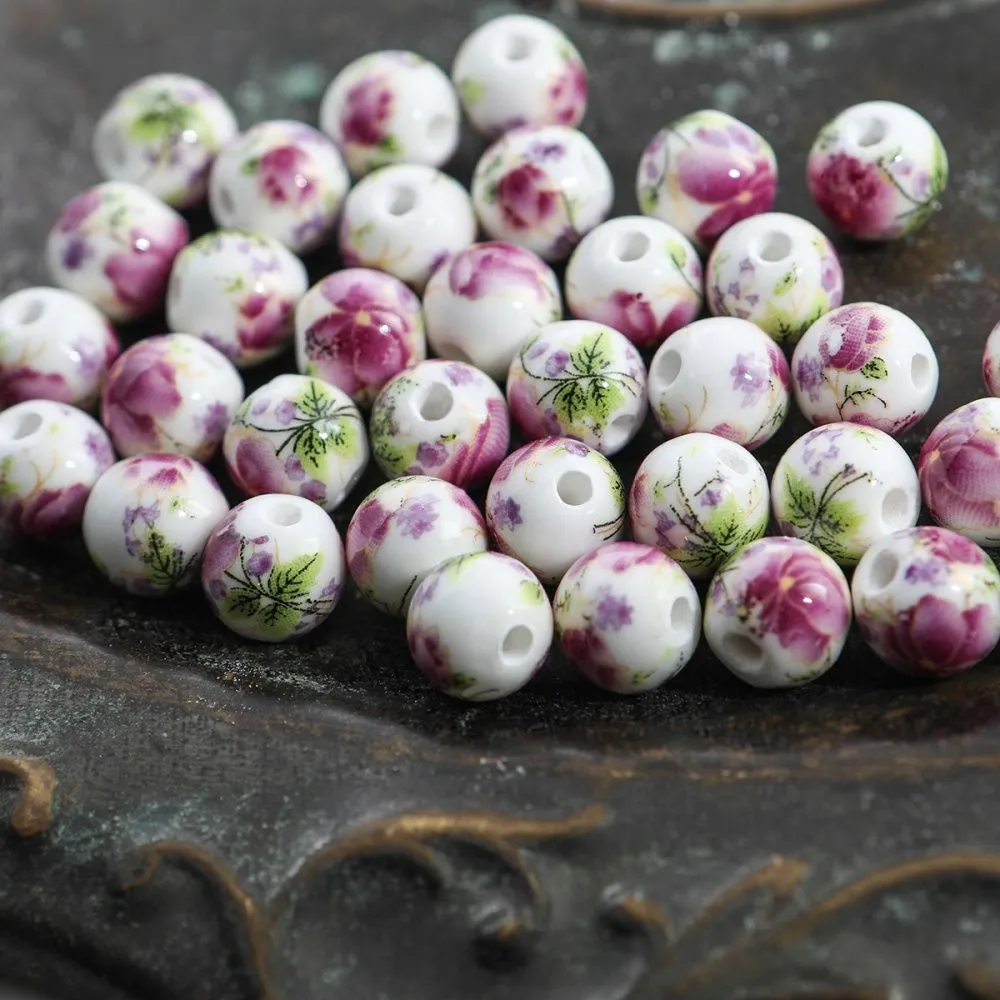 бусина, керамика "букет", цвет белый/малиновый, 10 мм