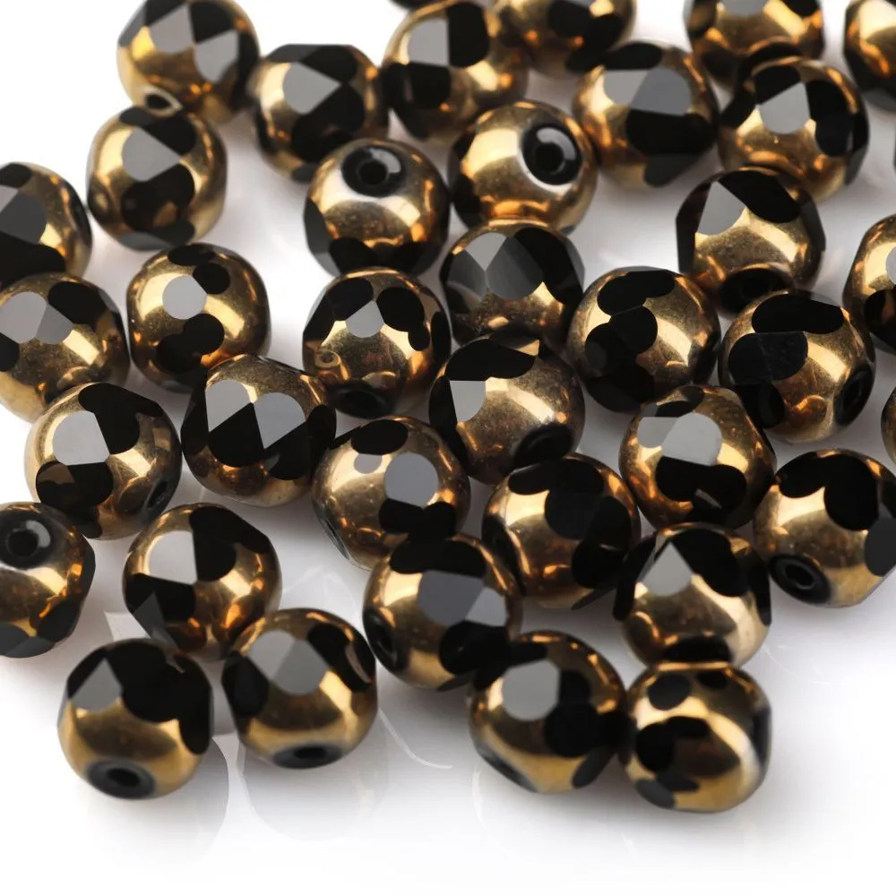 бусина, стекло, граненая, цвет черный/золото, 8 мм