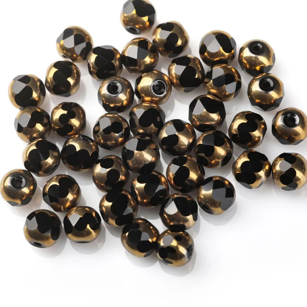 бусина, стекло, граненая, цвет черный/золото, 8 мм