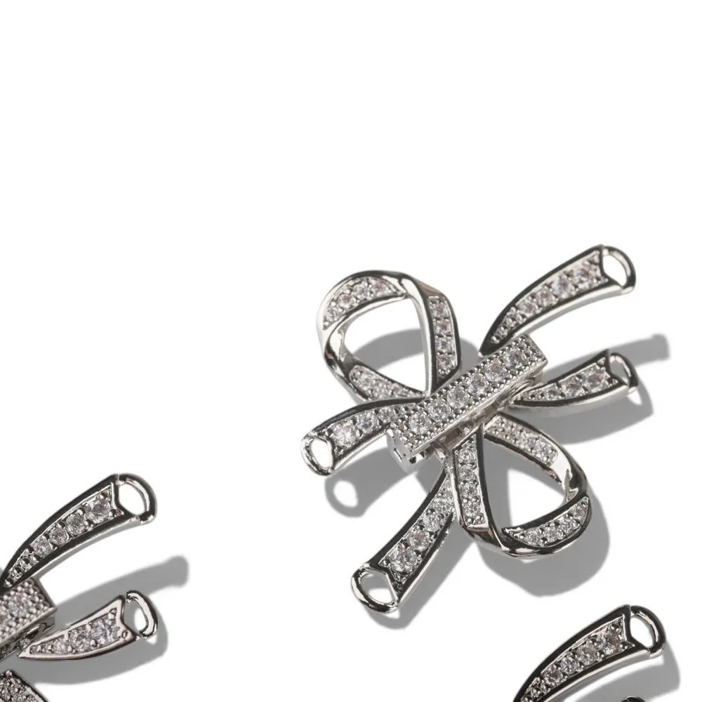 замок для украшений "бант", покрытие платина/циркон, 27x25x5 мм