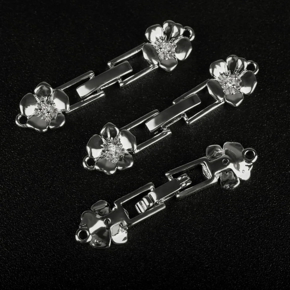 замок для украшений "плюмерия", покрытие платина/циркон, 32.5x8x3 мм