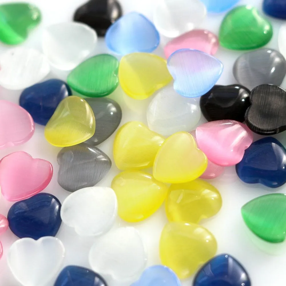 кабошон "кошачий глаз"  сердечко, стекло, цветовой микс, 10x10x2.5 мм