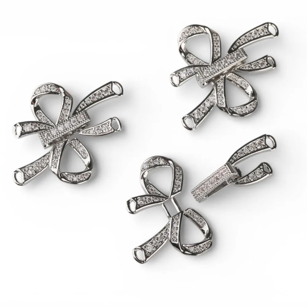 замок для украшений "бант", покрытие платина/циркон, 27x25x5 мм