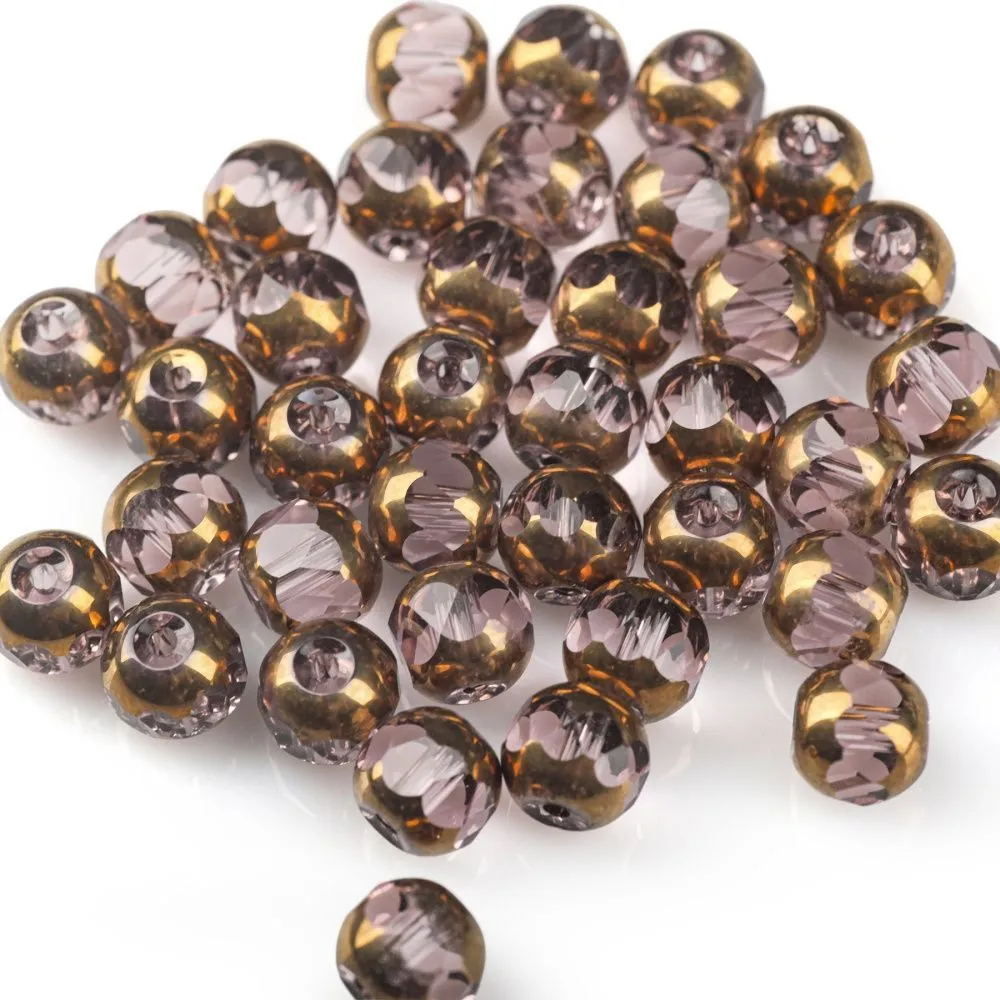 бусина, стекло, граненая, цвет дымчато-розовый/золото, 8 мм