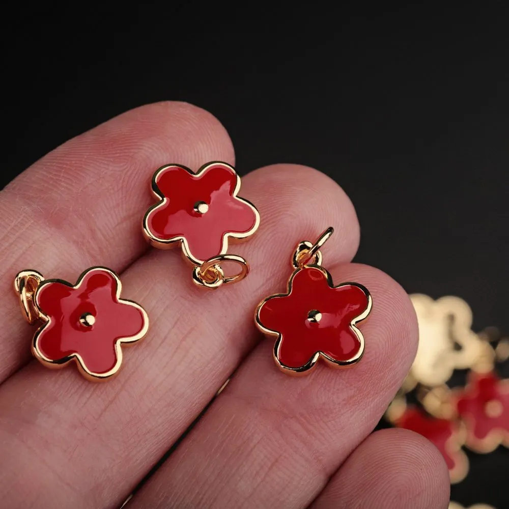 подвеска металл "незабудка", позолота/красный, 14.5x12x1.3 мм