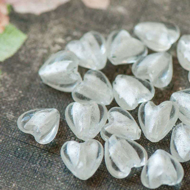 бусина, стекло с фольгой, "сердце",  цвет белый, 12х12х8 мм