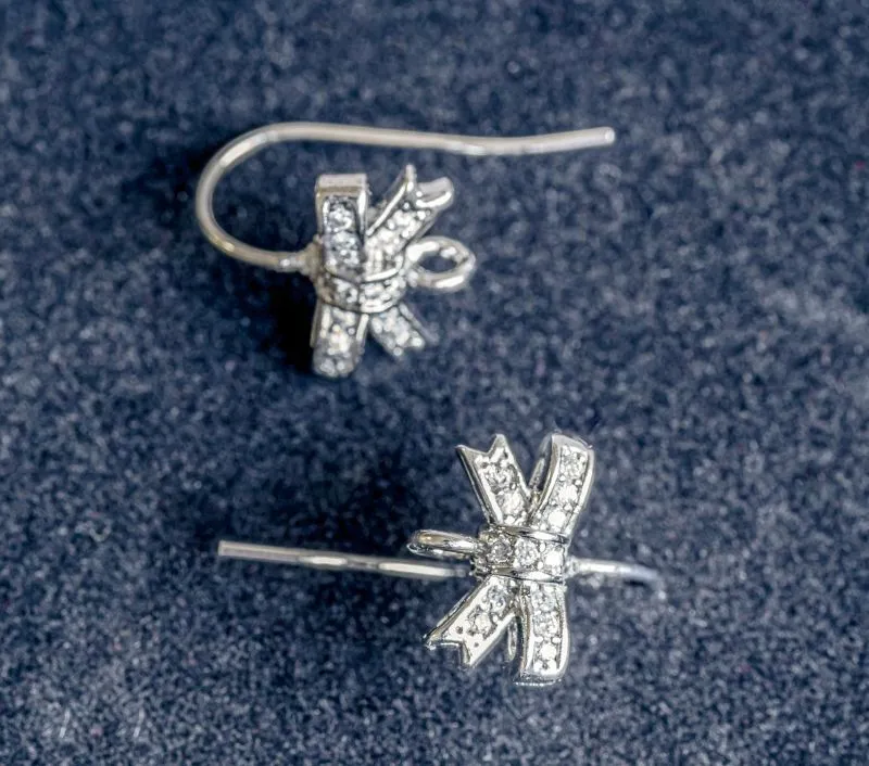 швензы "бант", с цирконием, цвет платина, 21x13x3.5 мм