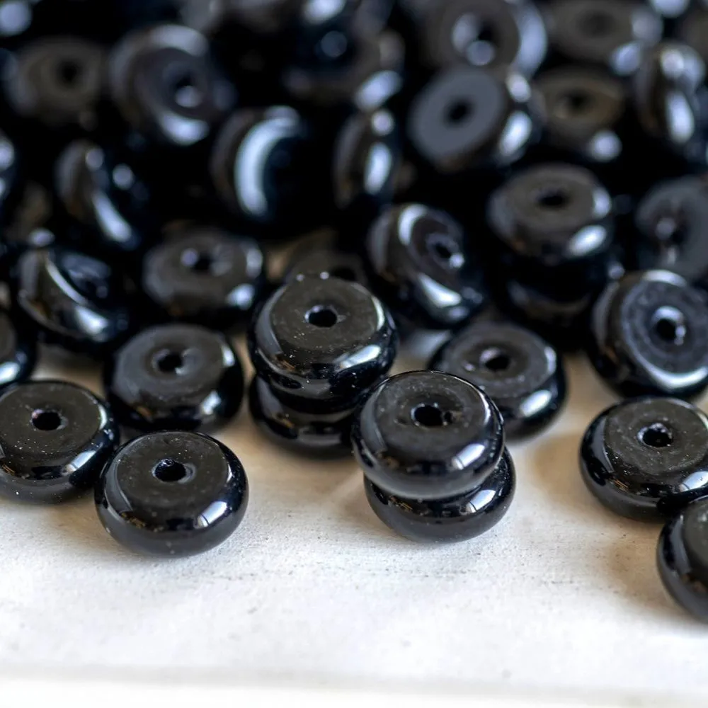 бусина, стекло, плоская, цвет черный, 8х3.5 мм