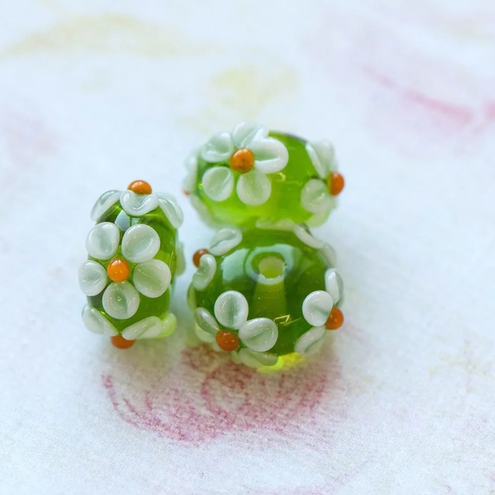 бусина, мурано "ромашка на зеленом", абакус,16х8 мм