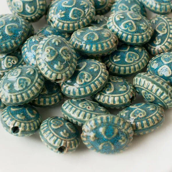 бусина, керамика "антик", овальная, цвет голубой, 20х23х13 мм