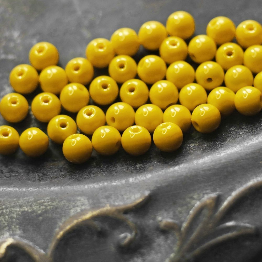 бусина, стекло 6, цвет желтый, 6 мм