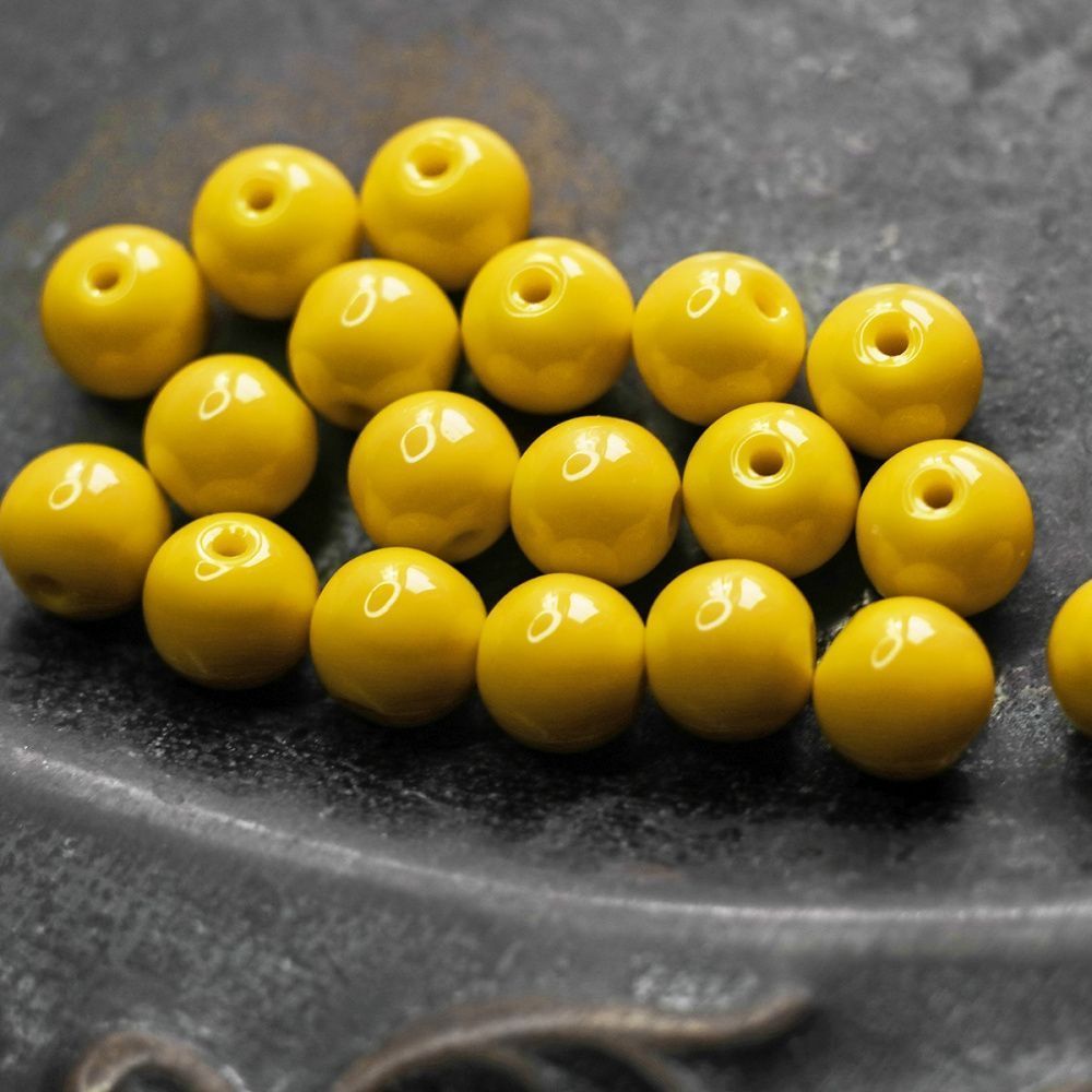 бусина, стекло 8, цвет желтый, 8 мм