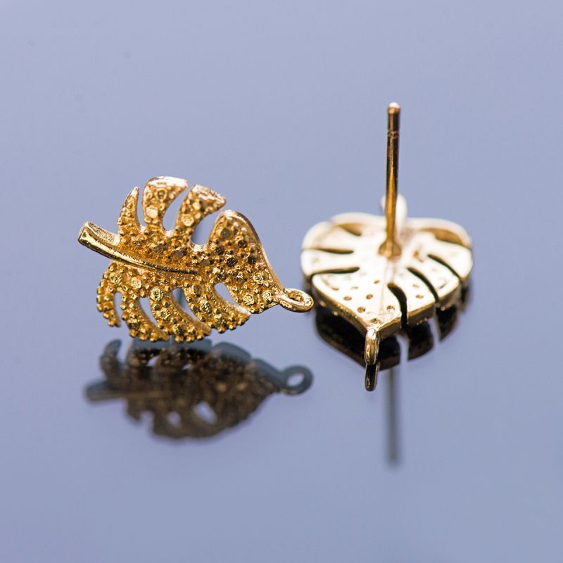 пуссеты "монстера", позолоченные, 14.5x10.5 мм